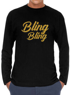 Bellatio Decorations Glitter en Glamour feest longsleeve shirt heren - bling bling goud - zwart - feestkleding M