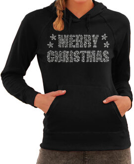 Bellatio Decorations Glitter foute kersttrui hoodie zwart Merry Christmas glitter steentjes voor dames - Capuchon trui 2XL - kerst truien