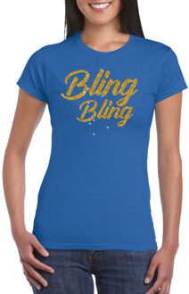 Bellatio Decorations Glitter glamour feest t-shirt dames - bling bling goud - blauw 2XL