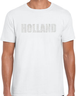 Bellatio Decorations Glitter Holland t-shirt wit rhinestone steentjes voor heren Nederland supporter EK/ WK 2XL - Feestshirts