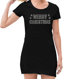 Bellatio Decorations Glitter kerst jurkje zwart Merry Christmas glitter steentjes voor dames - Glitter kerst jurk 2XL