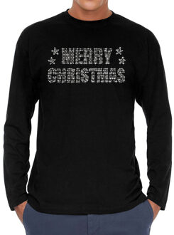 Bellatio Decorations Glitter kerst longsleeve shirt zwart Merry Christmas glitter steentjes voor heren - Lange mouwen 2XL