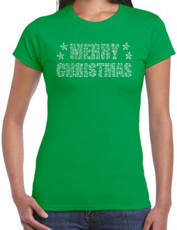 Bellatio Decorations Glitter kerst t-shirt groen Merry Christmas glitter steentjes voor dames - Glitter kerst shirt XS