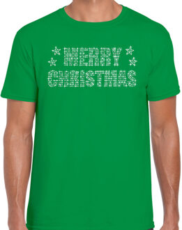 Bellatio Decorations Glitter kerst t-shirt groen Merry Christmas glitter steentjes voor heren - Glitter kerst shirt 2XL