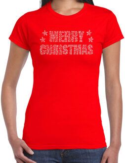 Bellatio Decorations Glitter kerst t-shirt rood Merry Christmas glitter steentjes voor dames - Glitter kerst shirt - M;;;;;;