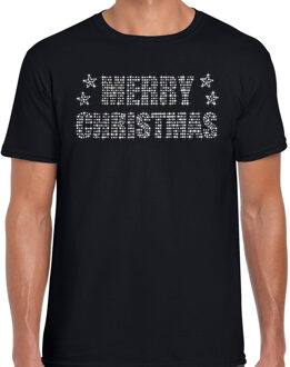 Bellatio Decorations Glitter kerst t-shirt zwart Merry Christmas glitter steentjes voor heren - Glitter kerst shirt 2XL