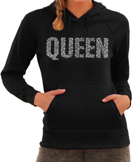 Bellatio Decorations Glitter Queen hoodie zwart rhinestones steentjes voor dames - Glitter trui met capuchon/ outfit 2XL