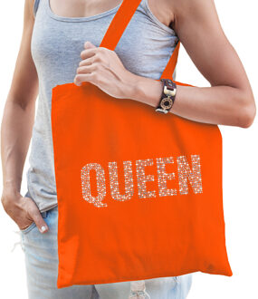 Bellatio Decorations Glitter Queen katoenen tas oranje rhinestones steentjes voor dames - - EK/WK / Koningsdag tas/ acce - Feest Boodschappen