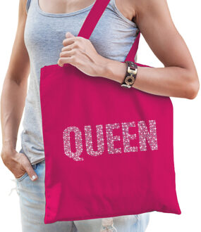 Bellatio Decorations Glitter Queen katoenen tas roze rhinestones steentjes voor dames - Glitter tas/ outfit - Feest Boodschappentassen