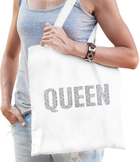 Bellatio Decorations Glitter Queen katoenen tas wit rhinestones steentjes voor dames - Glitter tas/ outfit