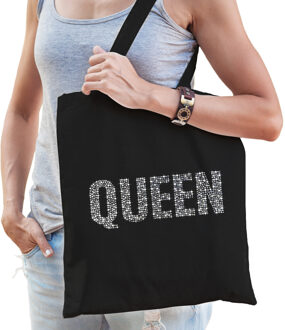 Bellatio Decorations Glitter Queen katoenen tas zwart rhinestones steentjes voor dames - Glitter tas/ outfit - Feest Boodschappentassen