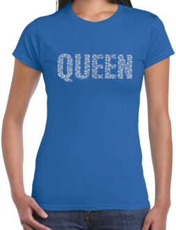 Bellatio Decorations Glitter Queen t-shirt blauw rhinestones steentjes voor dames - Glitter shirt/ outfit 2XL