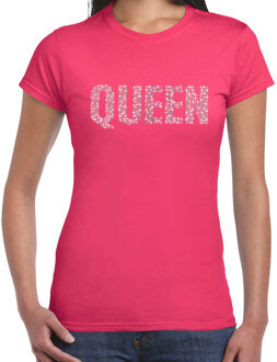 Bellatio Decorations Glitter Queen t-shirt roze rhinestones steentjes voor dames - Glitter shirt/ outfit XS