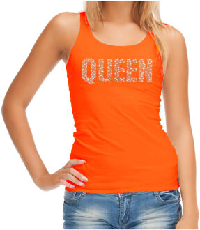 Bellatio Decorations Glitter Queen tanktop oranje rhinestones steentjes voor dames - EK/WK tops / Koningsdag outfit L