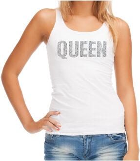 Bellatio Decorations Glitter Queen tanktop wit rhinestones steentjes voor dames - Glitter top/ outfit L