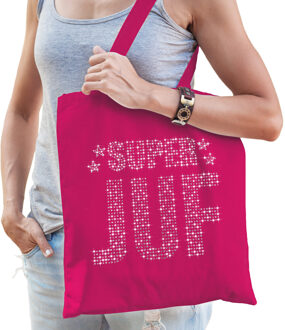 Bellatio Decorations Glitter Super Juf katoenen tas roze rhinestones steentjes voor dames - Feest Boodschappentassen