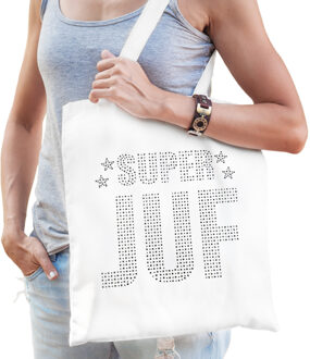 Bellatio Decorations Glitter Super Juf katoenen tas wit rhinestones steentjes voor dames - Feest Boodschappentassen