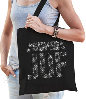 Bellatio Decorations Glitter Super Juf katoenen tas zwart rhinestones steentjes voor dames - Feest Boodschappentassen