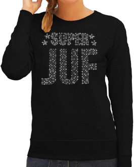 Bellatio Decorations Glitter Super Juf sweater zwart rhinestones steentjes voor dames - Glitter cadeau trui/ outfit 2XL