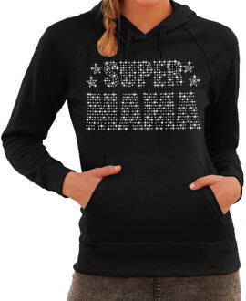 Bellatio Decorations Glitter Super Mama hoodie zwart Moederdag cadeau rhinestones steentjes voor dames 2XL