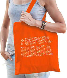 Bellatio Decorations Glitter Super Mama katoenen tas oranje rhinestones steentjes voor dames - Moederdag