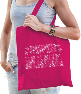 Bellatio Decorations Glitter Super Mama katoenen tas roze rhinestones steentjes voor dames - Moederdag