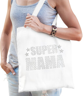 Bellatio Decorations Glitter Super Mama katoenen tas wit rhinestones steentjes voor dames - Moederdag