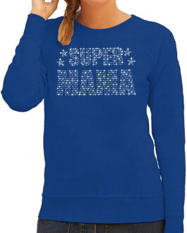 Bellatio Decorations Glitter Super Mama sweater blauw Moederdag cadeau rhinestones steentjes voor dames 2XL