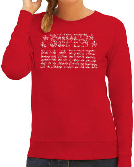 Bellatio Decorations Glitter Super Mama sweater rood Moederdag cadeau rhinestones steentjes voor dames 2XL