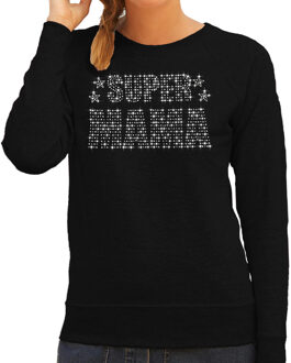 Bellatio Decorations Glitter Super Mama sweater zwart Moederdag cadeau rhinestones steentjes voor dames 2XL