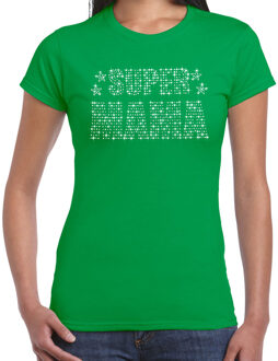 Bellatio Decorations Glitter Super Mama t-shirt groen Moederdag cadeau rhinestones steentjes voor dames M