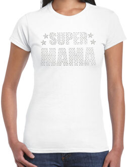 Bellatio Decorations Glitter Super Mama t-shirt wit Moederdag cadeau rhinestones steentjes voor dames
