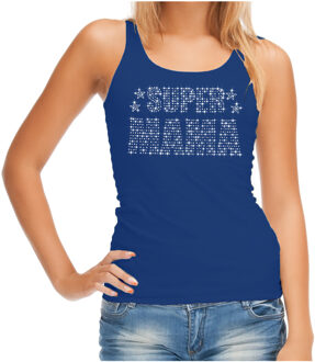 Bellatio Decorations Glitter Super Mama tanktop blauw Moederdag cadeau rhinestones steentjes voor dames L