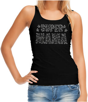 Bellatio Decorations Glitter Super Mama tanktop zwart Moederdag cadeau rhinestones steentjes voor dames L