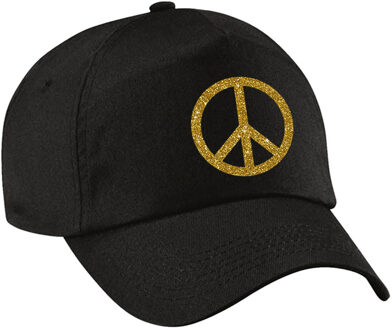 Bellatio Decorations Goud glitter peace teken verkleed pet/cap zwart volwassenen - Verkleedhoofddeksels