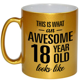Bellatio Decorations Gouden Awesome 18 year cadeau mok / verjaardag beker 330 ml - feest mokken Goudkleurig