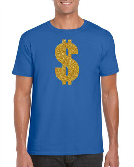 Bellatio Decorations Gouden dollar / Gangster verkleed t-shirt / kleding - blauw - voor heren - Verkleedkleding / carnaval / outfit / gangsters 2XL