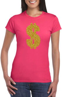 Bellatio Decorations Gouden dollar / Gangster verkleed t-shirt / kleding - roze - voor dames - Verkleedkleding / carnaval / outfit / gangsters L