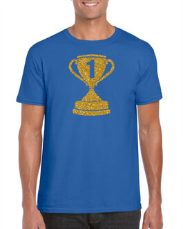 Bellatio Decorations Gouden kampioens beker / nummer 1 t-shirt / kleding - blauw - voor heren - kampioens shirts / winnaars / outfit S
