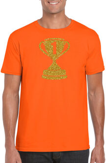 Bellatio Decorations Gouden kampioens beker / nummer 1 t-shirt / kleding - oranje - voor heren - kampioens shirts / winnaars / outfit XL