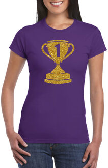 Bellatio Decorations Gouden kampioens beker / nummer 1  t-shirt / kleding - paars - voor dames - Nr.1 - kampioens shirts / winnaars / outfit S