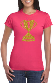 Bellatio Decorations Gouden kampioens beker / nummer 1  t-shirt / kleding - roze - voor dames - Nr.1 - kampioens shirts / winnaars / outfit L