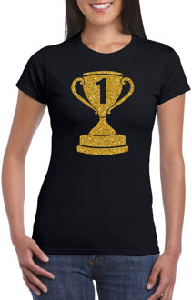 Bellatio Decorations Gouden kampioens beker / nummer 1  t-shirt / kleding - zwart - voor dames - Nr.1 - kampioens shirts / winnaars / outfit XL