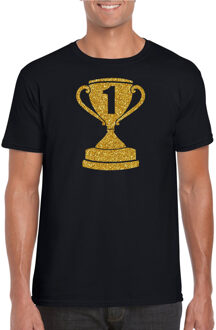 Bellatio Decorations Gouden kampioens beker / nummer 1  t-shirt / kleding - zwart - voor heren - kampioens shirts / winnaars / outfit S
