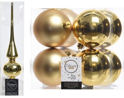 Bellatio Decorations Gouden Kerstversiering/kerstdecoratie Set Piek En 8x Kerstballen 10 Cm Glans/mat - Kerstbal Goudkleurig
