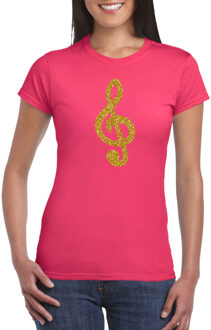 Bellatio Decorations Gouden muziek noot G-sleutel / muziek feest t-shirt / kleding - roze - voor dames - muziek shirts / muziek liefhebber / outfit XS