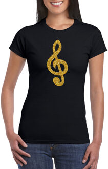 Bellatio Decorations Gouden muziek noot G-sleutel / muziek feest t-shirt / kleding zwart dames