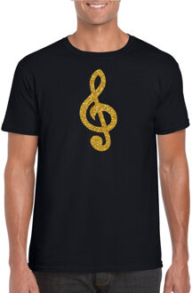Bellatio Decorations Gouden muziek noot G-sleutel / muziek feest t-shirt / kleding zwart heren