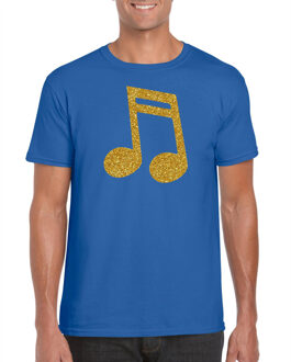 Bellatio Decorations Gouden muziek noot / muziek feest t-shirt / kleding blauw heren