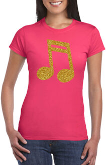 Bellatio Decorations Gouden muziek noot  / muziek feest t-shirt / kleding - roze - voor dames - muziek shirts / muziek liefhebber / outfit 2XL